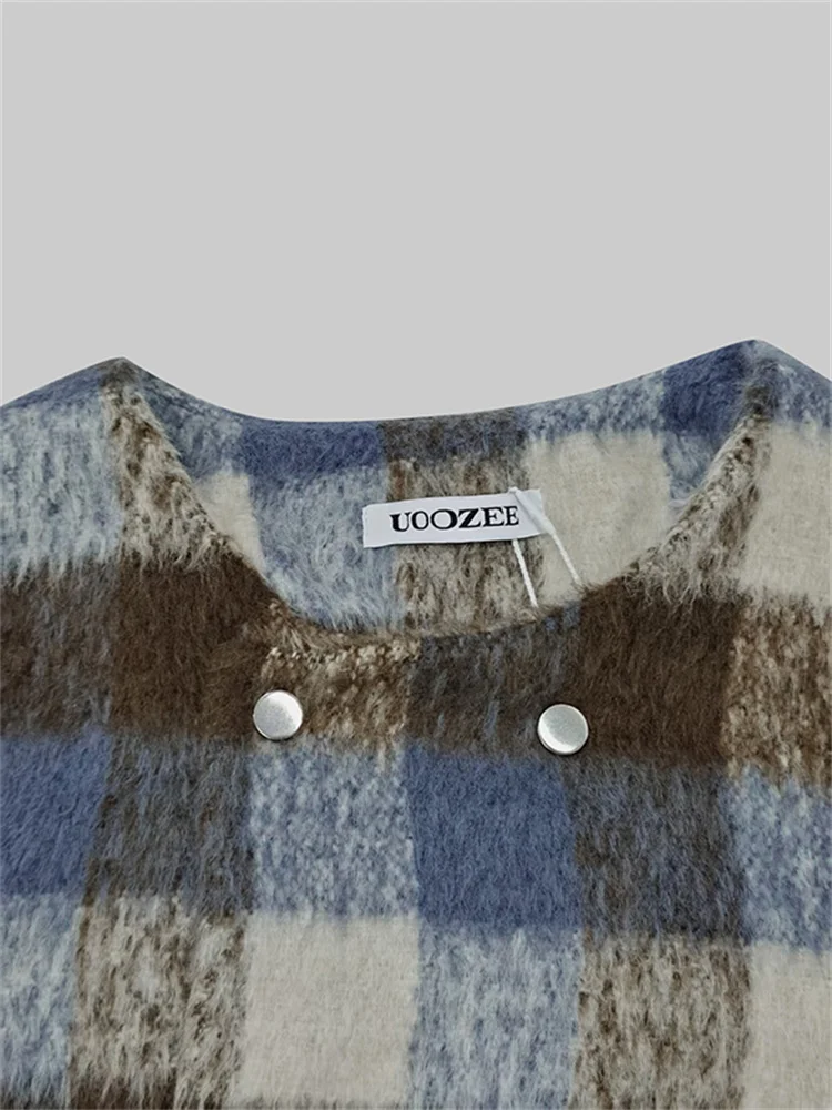 Women's Vintage Plaid Double Breasted Jackets Spring Autumn Long Puff Sleeves O-Neck Elegant Casual Outerwear Coats