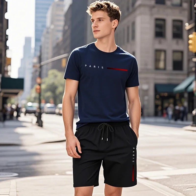 

Paris Fashion Male T-shirt Walking Shorts 2pcs Set Urban Fashion Casual Tracksuit Spring Summer Daily Sport Outfit Men's Clothes