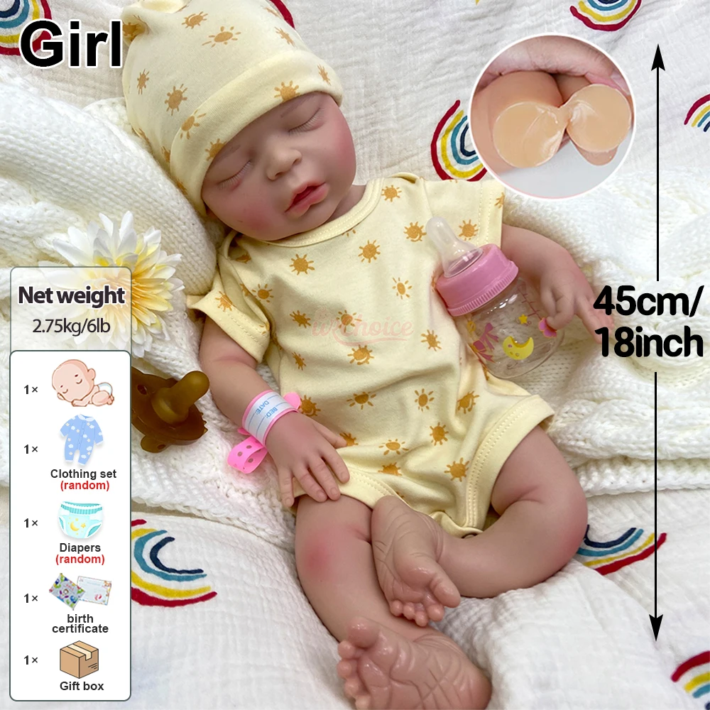 Realistic Full Silicone 45cm Reborn Baby Girl Open Mouth Washable Newborn Model Anatomically Correct Doll for Parenting Practice
