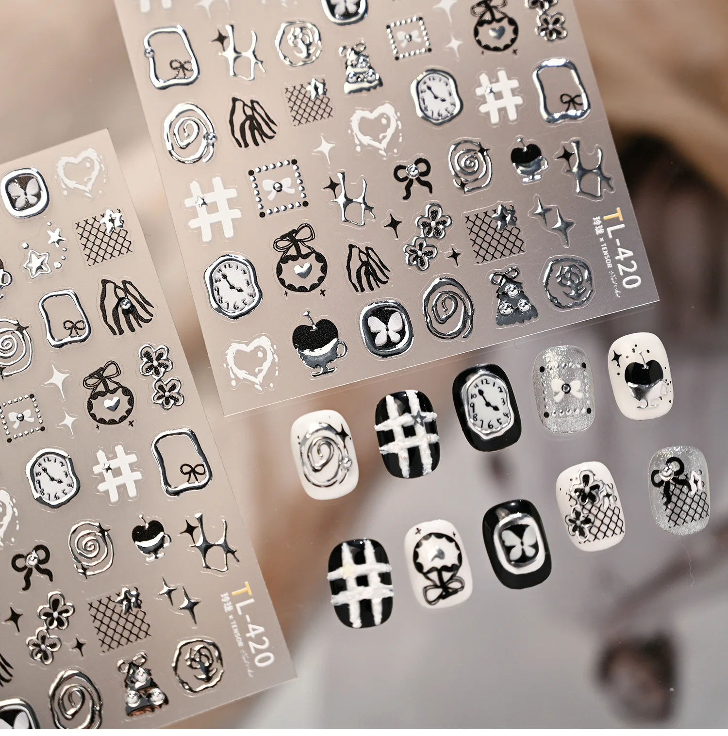 Black Bowknot Flower Grid Apple Star Line Silver Clock Butterfly Christmas Tree Snowman Adhesive Nail Art Sticker Manicure Decal