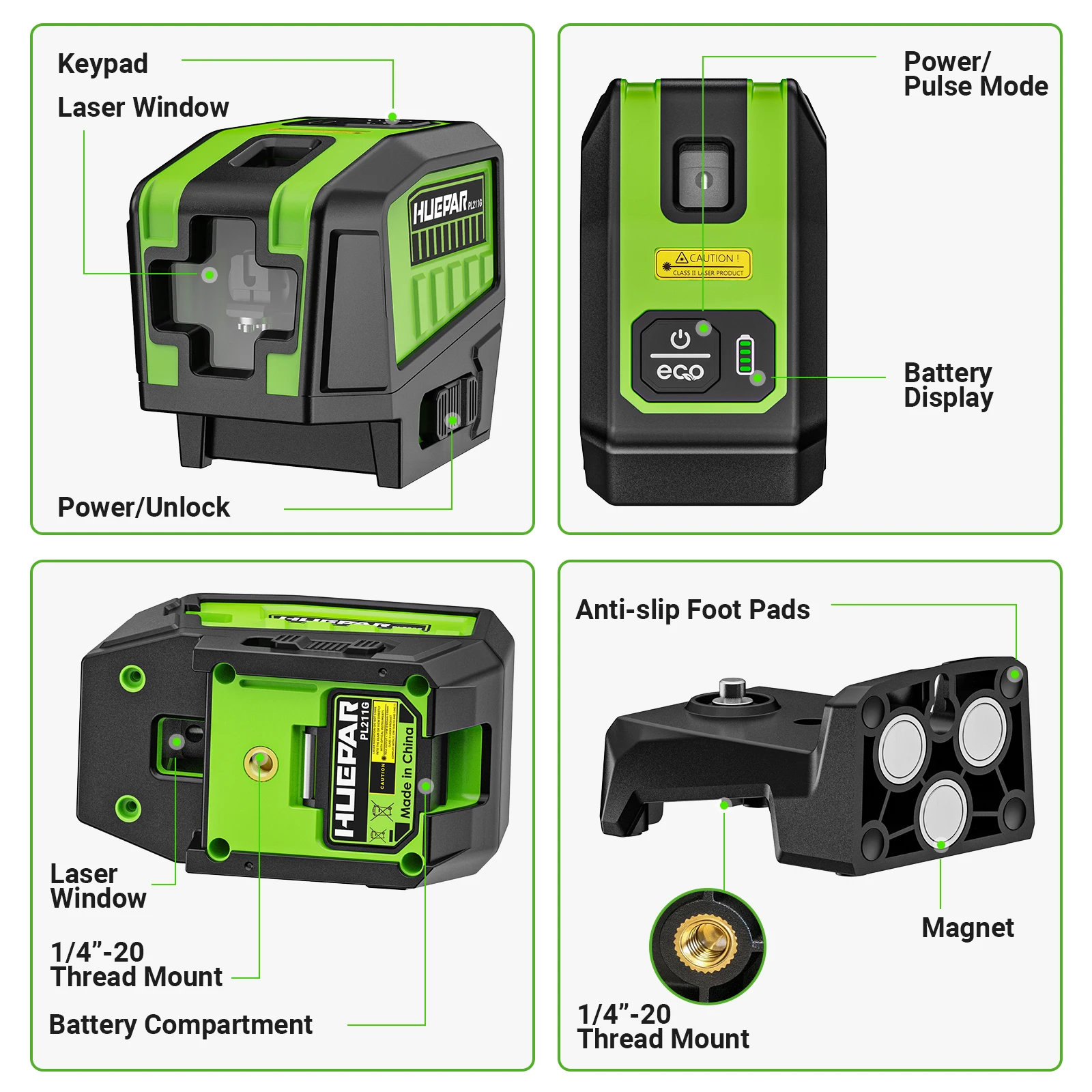 Huepar PL211G sharp light 2 Lines 2 Dots green beam self-leveling laser level with pulse mode