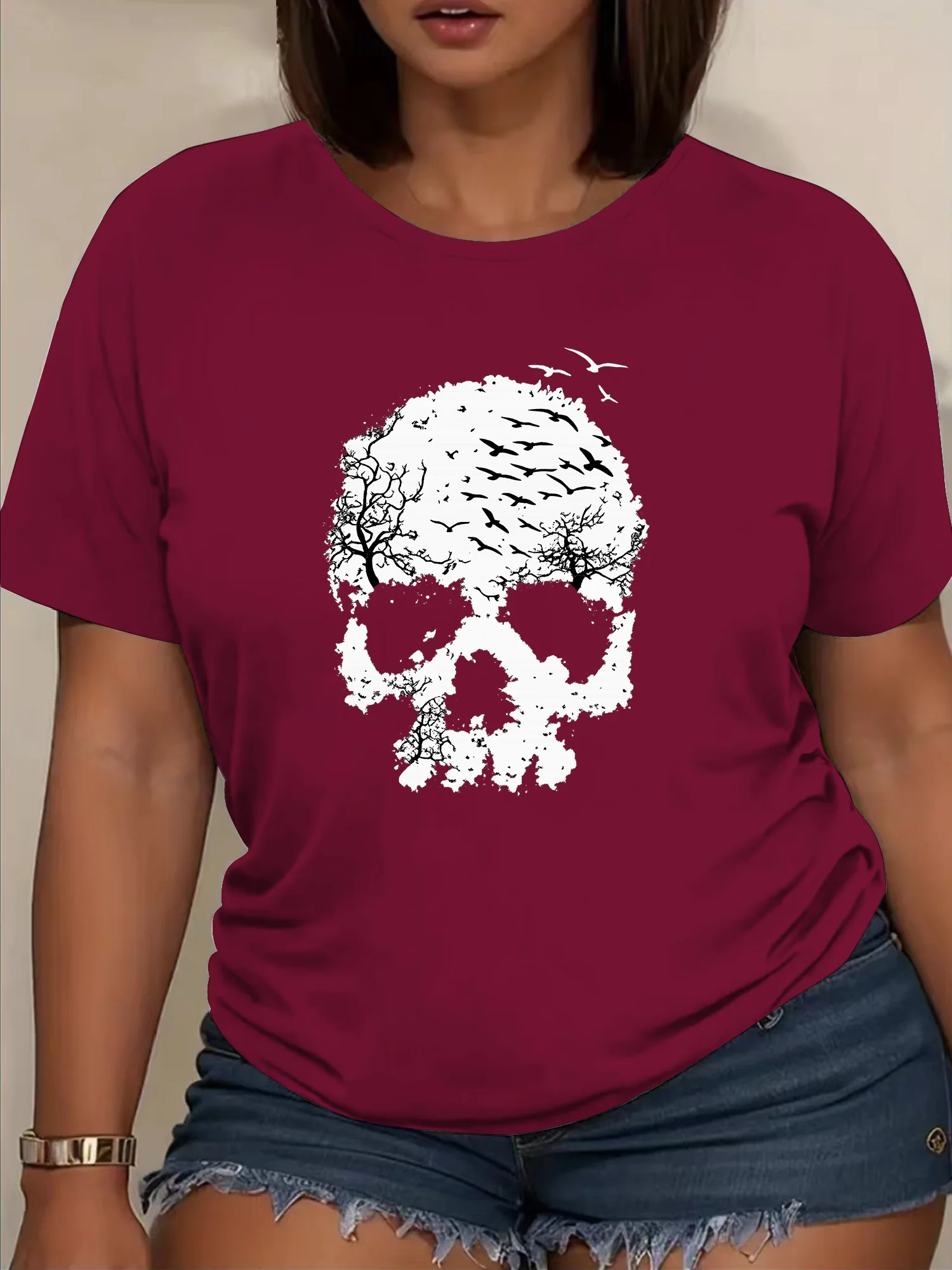 تي شيرت نسائي برسومات جمجمة الهالوين - قميص كاجوال أنيق برقبة دائرية وأكمام قصيرة، قميص بطبعة جمجمة |   قماش قابل للتمدد