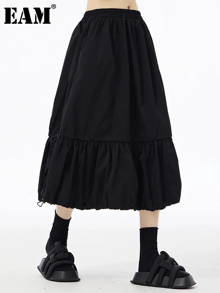 

[EAM] High Elastic Waist Black Drawstring Pleated A-line Half-body Skirt Women Fashion Tide New Spring Autumn 2024 1DH6607