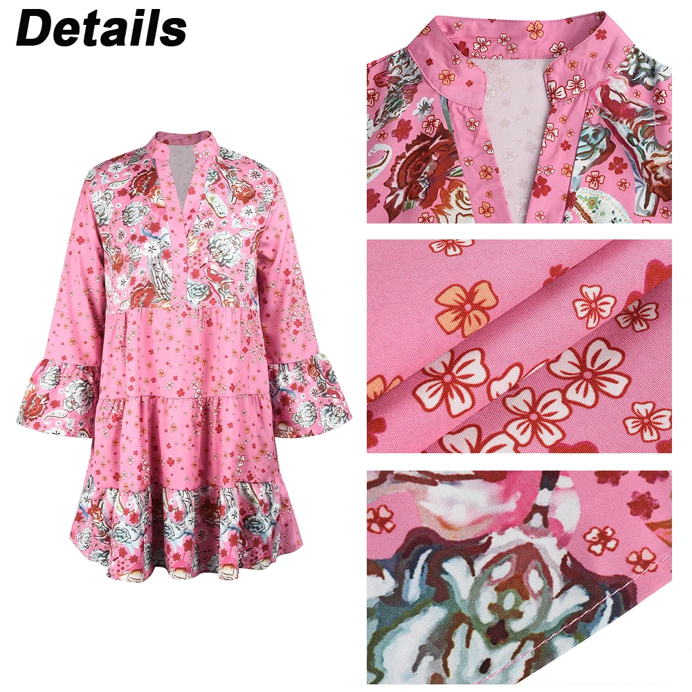 Floral Print Dress for Women 2023 Oversize Elegant Pleated Long Sleeve Casual Dresses Female Loose Bohemian Beach Holiday Dresse