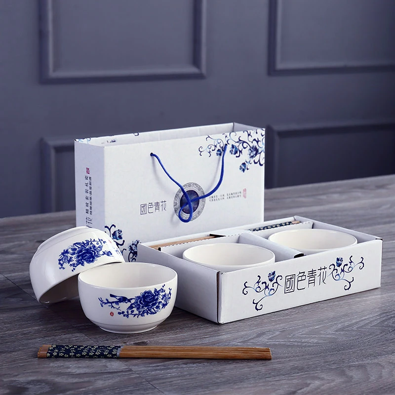 Blue and White Porcelain Bowl Set Tableware Gift Box Ceramic Bowl and Chopsticks Customized Gift Bowl Set Batch Sales Activity