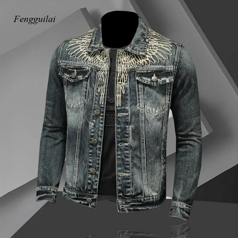 Retro Street Style Denim Trucker Jacket Men's Distressed Blue Jean Jacket with Wing Embroidery, Edgy Outerwear