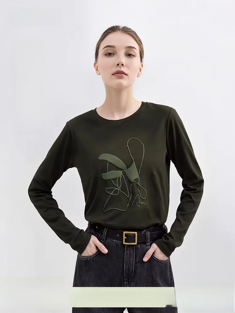 

Новая весенняя женская футболка с круглым вырезом и объемным принтом из шелка и бамбука, 100% хлопок, с длинным рукавом, универсальный базовый топ