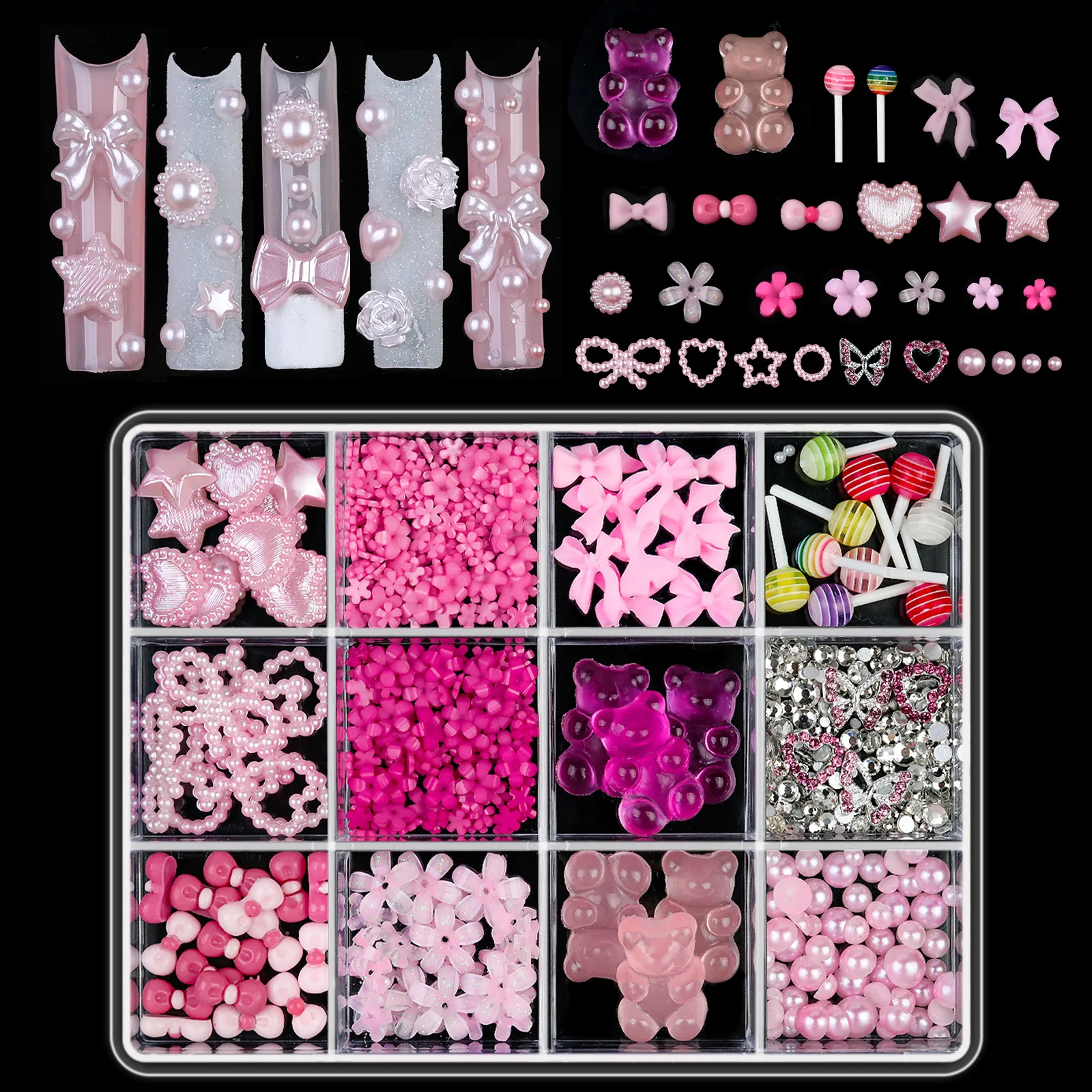 

12Grids Mixed 3D Nail Art Decoration Kit with Resin Bows, Bear, Flat Back Pearls, Lollipop, Heart Shapes DIY Manicure Tools Part