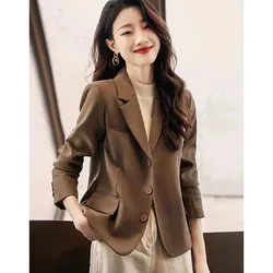 Coffee Small Blazer Jacket Spring Autumn Women Short Suit Coat Korean Casual Long Sleeve Single Breasted Blazers Solid Short Top