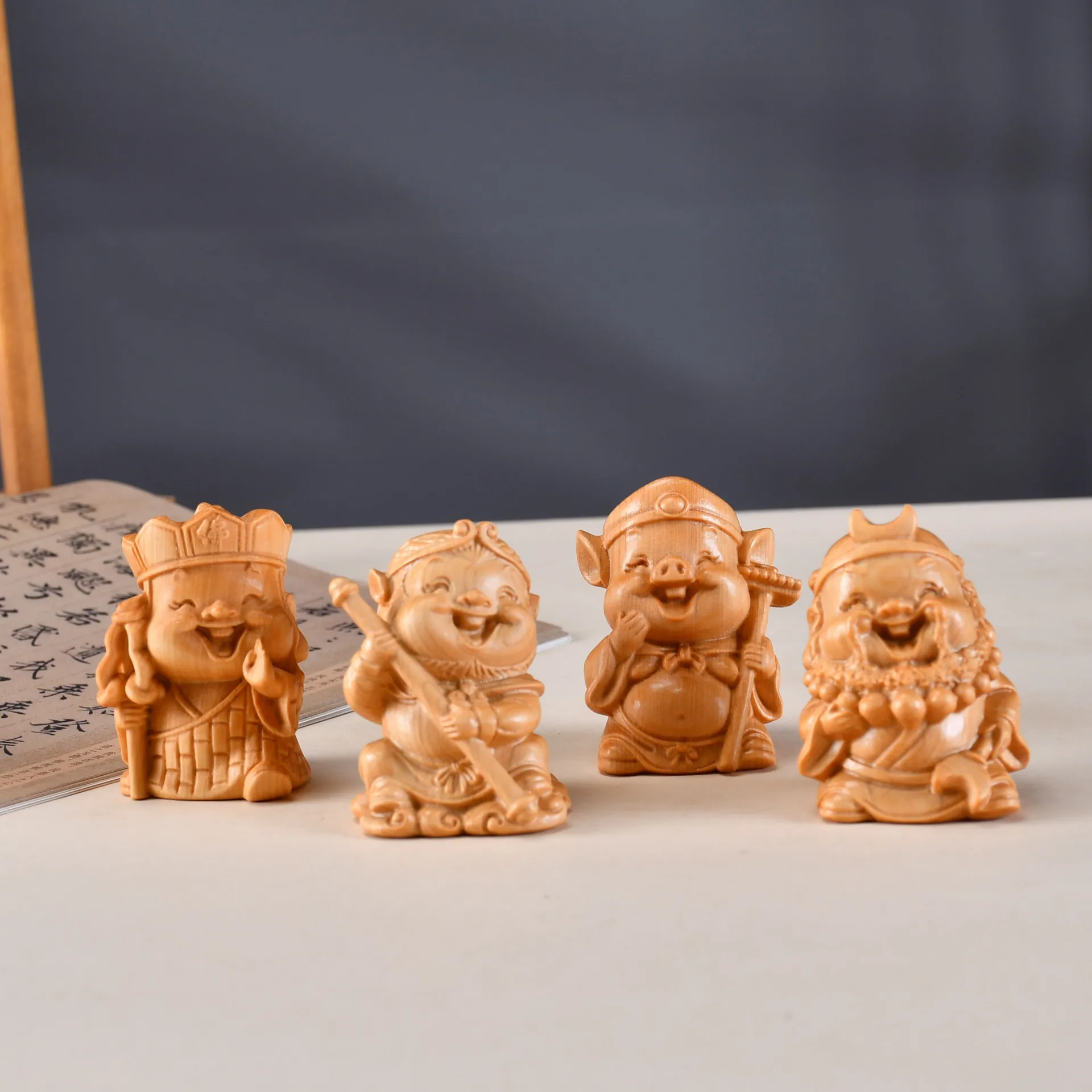 Cypress Wood Carved Journey To The West Figurine Tang Monk Wukong Bajie Desktop Wood Craft Ornament Souvenir Gift