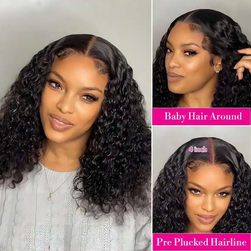 Perruque Bob Lace Front Wig sans colle naturelle, cheveux courts bouclés, Deep Wave, 13x4, 13x6, 8-16 pouces, densité 180