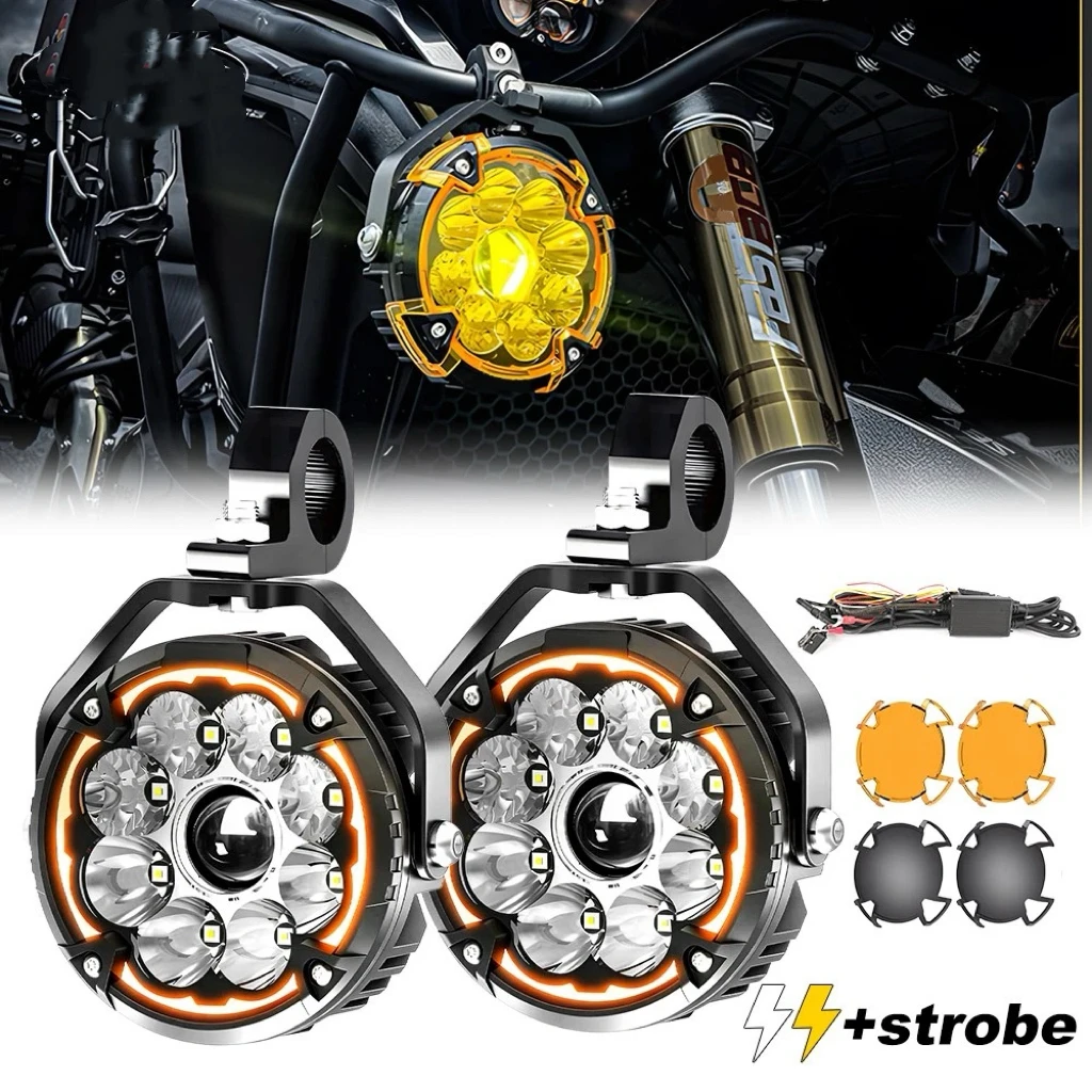 

MGLLIGH 5.5" Motorcycle LED Headlight White/Amber Auxiliary Bike Spot Light Hi/Low Beam Driving Fog Headlight with Cut-off Line