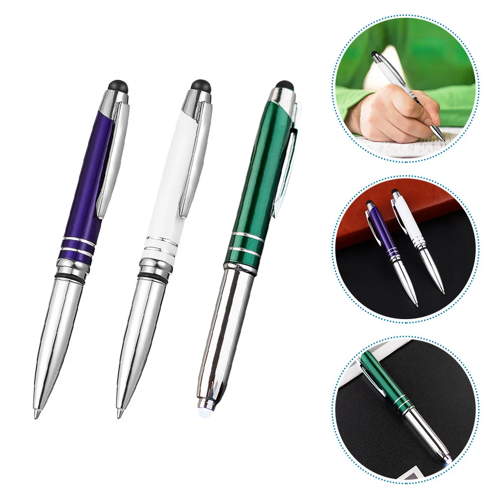 3 Pcs Touch Ballpoint Pen LED Light Pens Metal Triple Writing Lighted Tip Press Flashlight