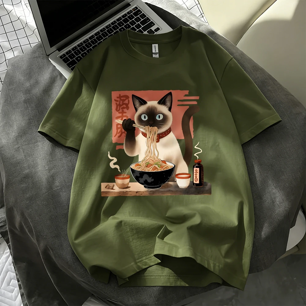 Siamese Cats Like To Eat Noodles Cotton T-Shirts Womens Summer Oversized Tops Soft Short Sleeve T Shirts Basic O-Neck Clothes