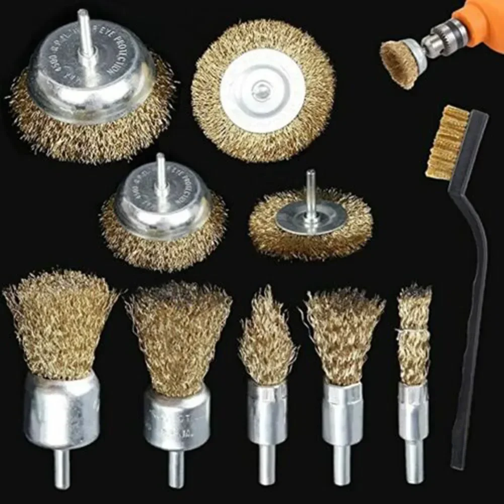 YTOM 10pcs/set Brass Brush Wire Wheels Brushes Drill Rotary Tools Engraver Grinder Polishing Metal Rust Removal Brush Set Tools