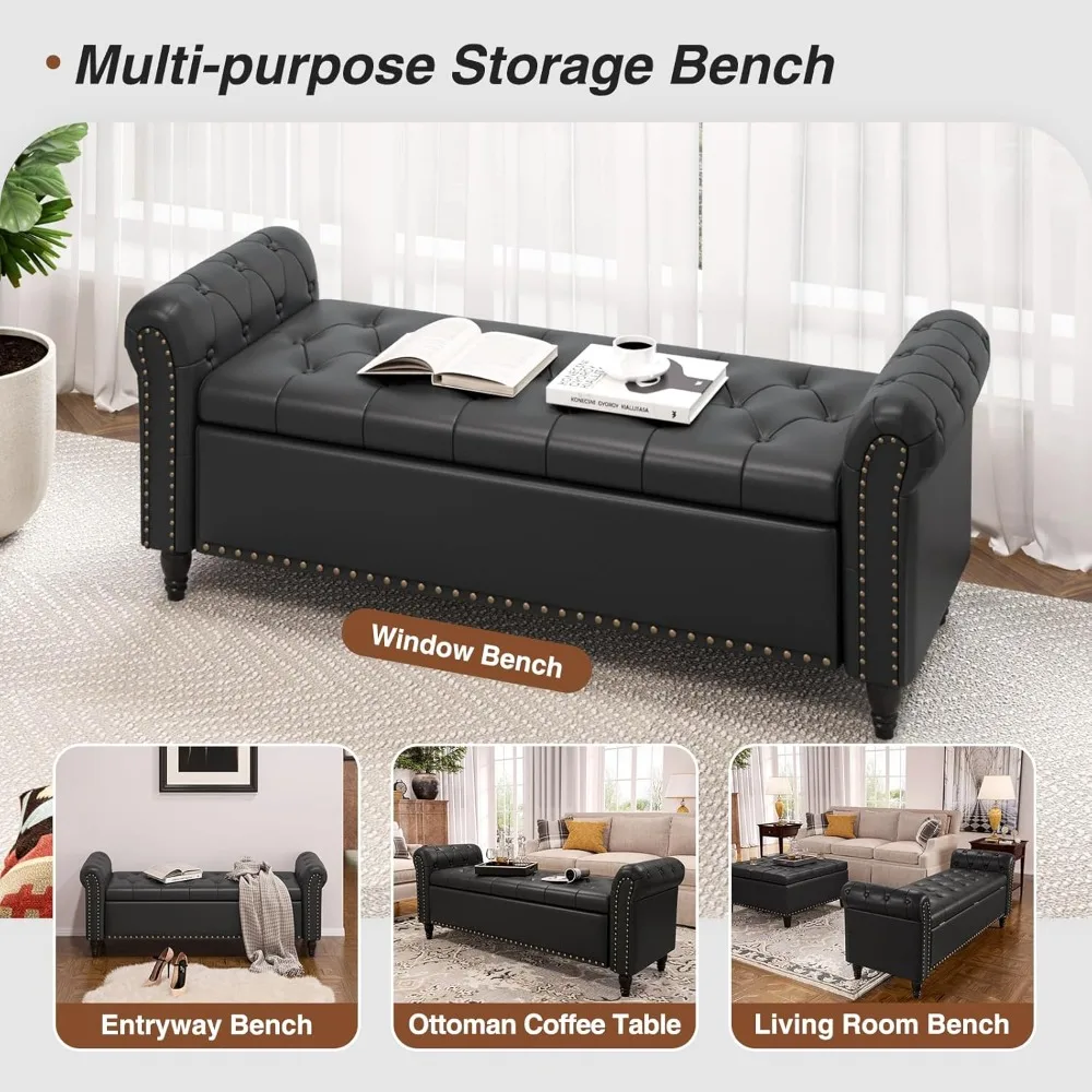 مقعد تخزين من الجلد الصناعي مع زر معنقدة، مقعد مسند للقدمين مقاس 65 بوصة لغرفة النوم #4