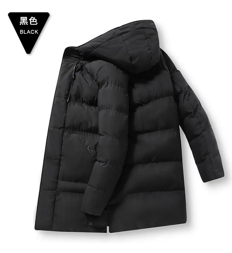 Men Mid Long Hooded Padded Cotton Jacket Plus Size Thick Warm Quilted Winter Coat Drawstring Hood Casual Cold Weather Outerwear