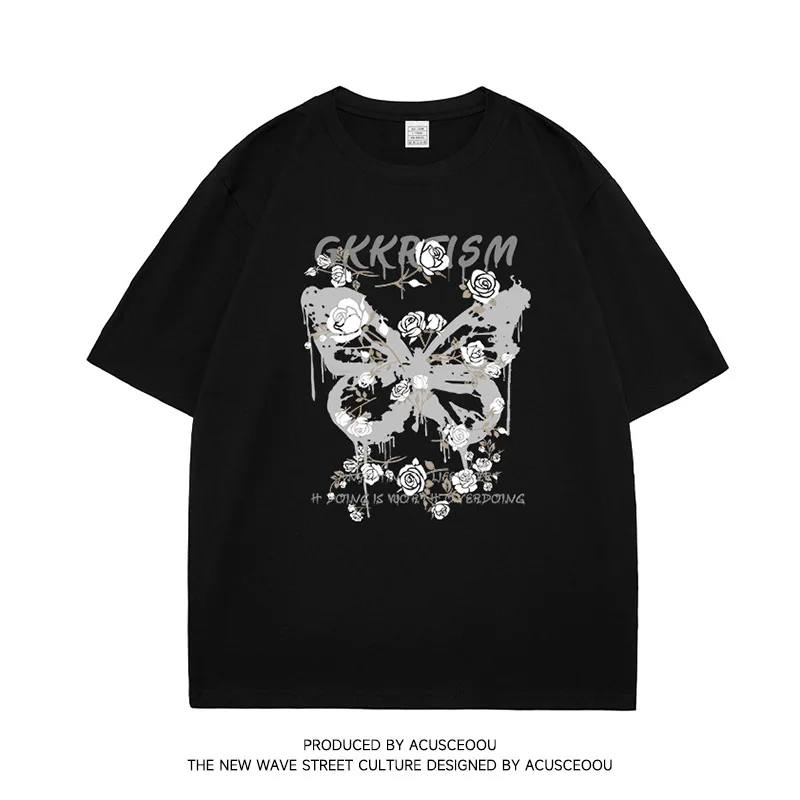 Men's Summer Oversized Pure Cotton Social Short Sleeve Tees Anime Custom Harajuku Style Casual Vintage Y2k Clothing Fashion Top