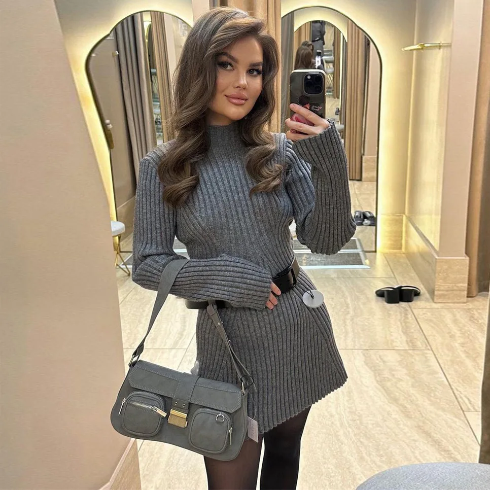 

Elegant Solid Ribbed Knitted Dress Women Fashion O Neck Long Sleeve Mini Dresses Female 2023 Autumn Winter New Party Club Robes