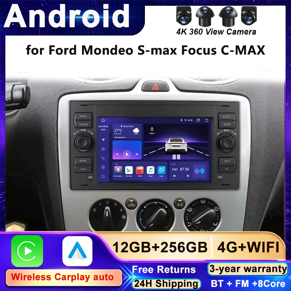 for Ford Mondeo S-max Focus C-MAX Galaxy Fiesta Transit Fusion Connect Kuga Navigation GPS Carplay Stereo Android