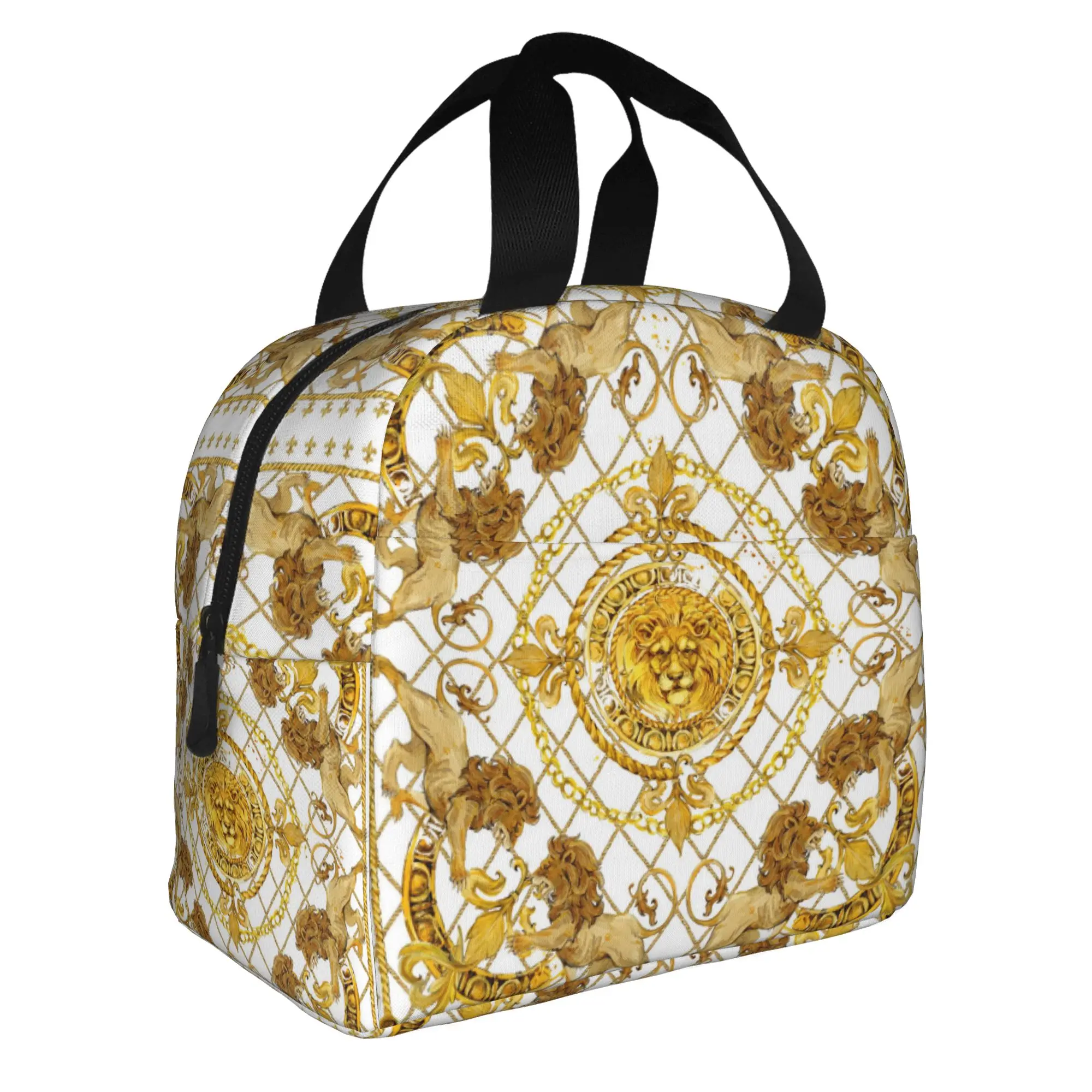 Luxury Golden Lion European Floral Lunch Bag Women  Warm Cooler Insulated Lunch Box for Adult Office