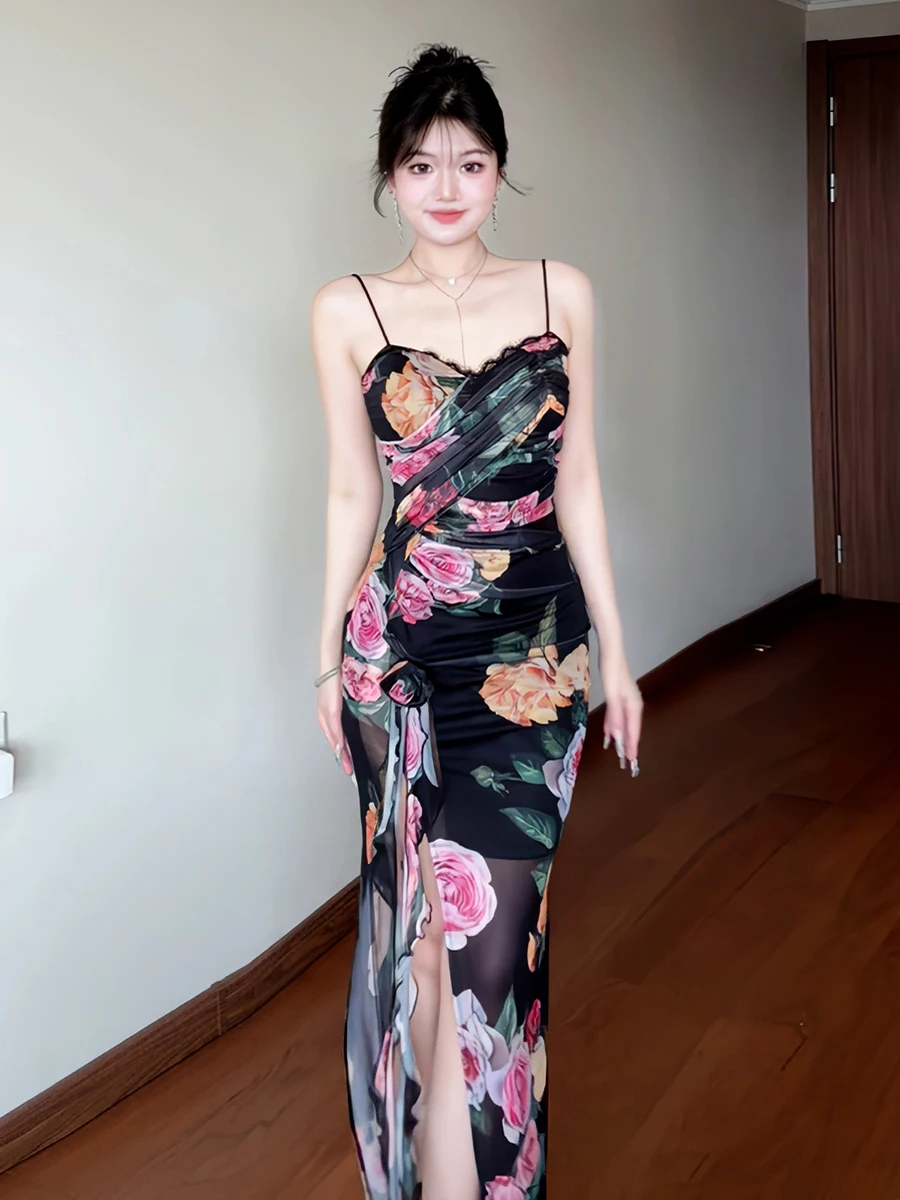 Retro Floral Print ter Dr Women's Slim Fit Summer New Sle Pure Desirable Sexy Long Split Waist Slimming Dr