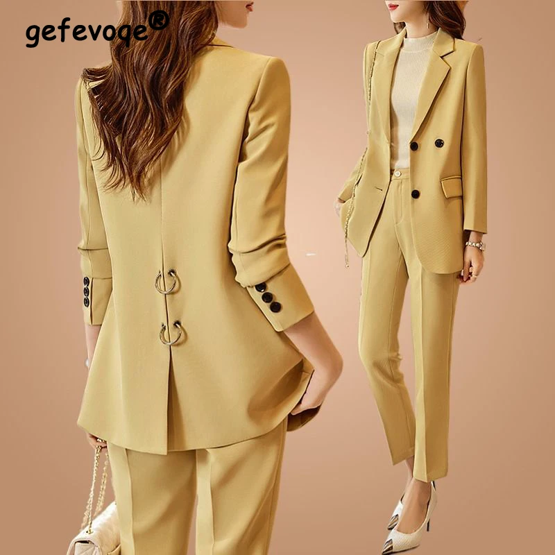 Imagem -02 - Blazer Chique Elegante Feminino Calça Reta de Cintura Alta Senhora do Escritório Ternos Casuais de Negócios Moda Coreana Conjunto Peças