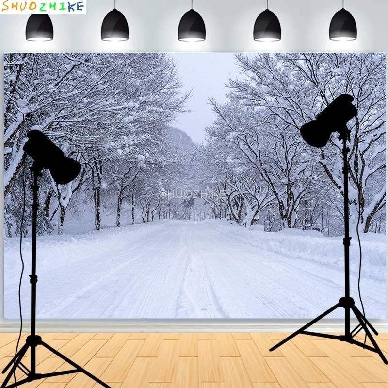 

Winter Forest Snowcovered Road Photography Backdrops Blurred Landscape Snowflakes Road Spruce Trees Photo Background XD-05