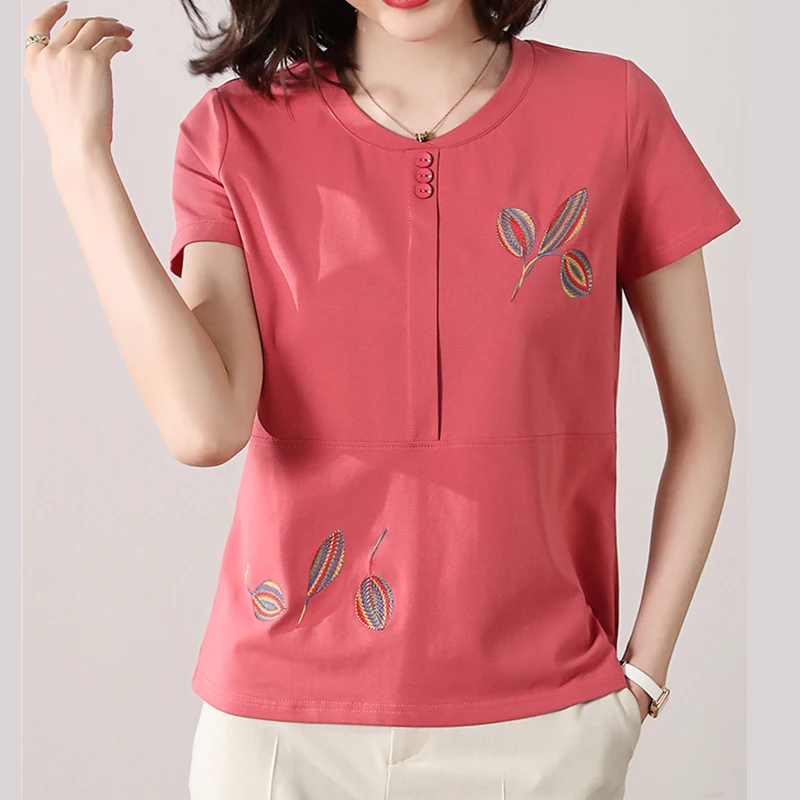 2023 Summer Casual Tshirts Embroidery Short Sleeve Tees Women Cotton T Shirt Women Button Loose Tops Ladies Korean Woman Clothes