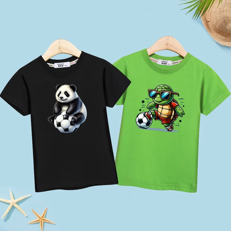 Children Panda Football T-Shirt Summer Short Sleeved Shirt Casual Loose Tops for Boys Girls 3-14T Tees
