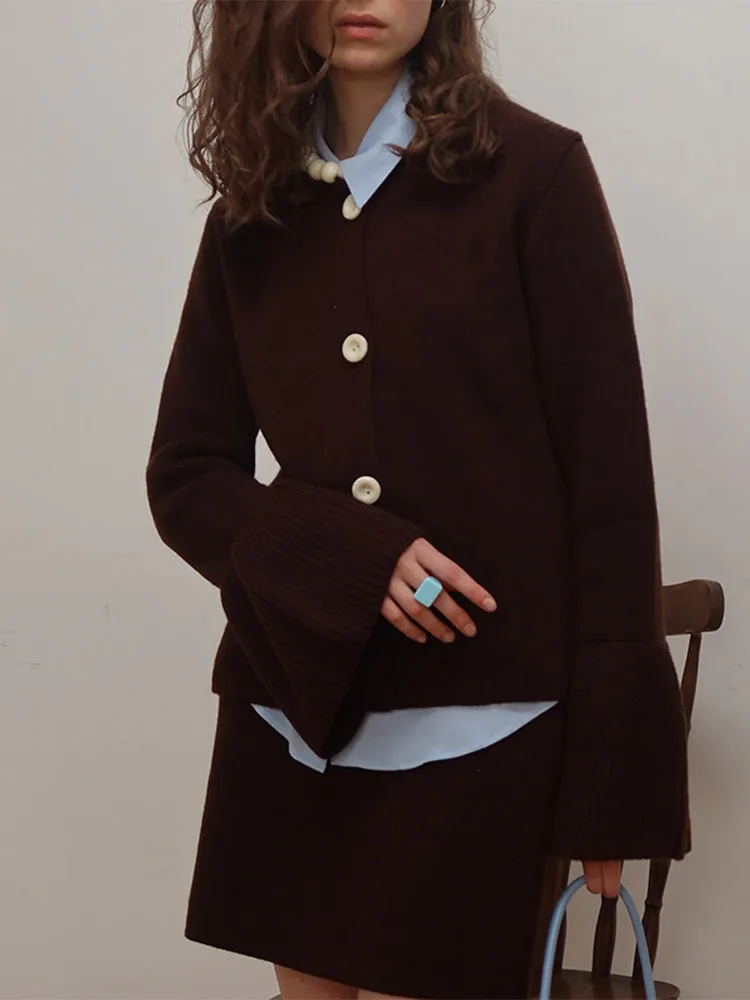 محبوك جولة الرقبة واحدة الصدر البني المرأة سترة طويلة متوهج كم سترة غير رسمية جديدة السيدات معطف التنقل اليومي #6