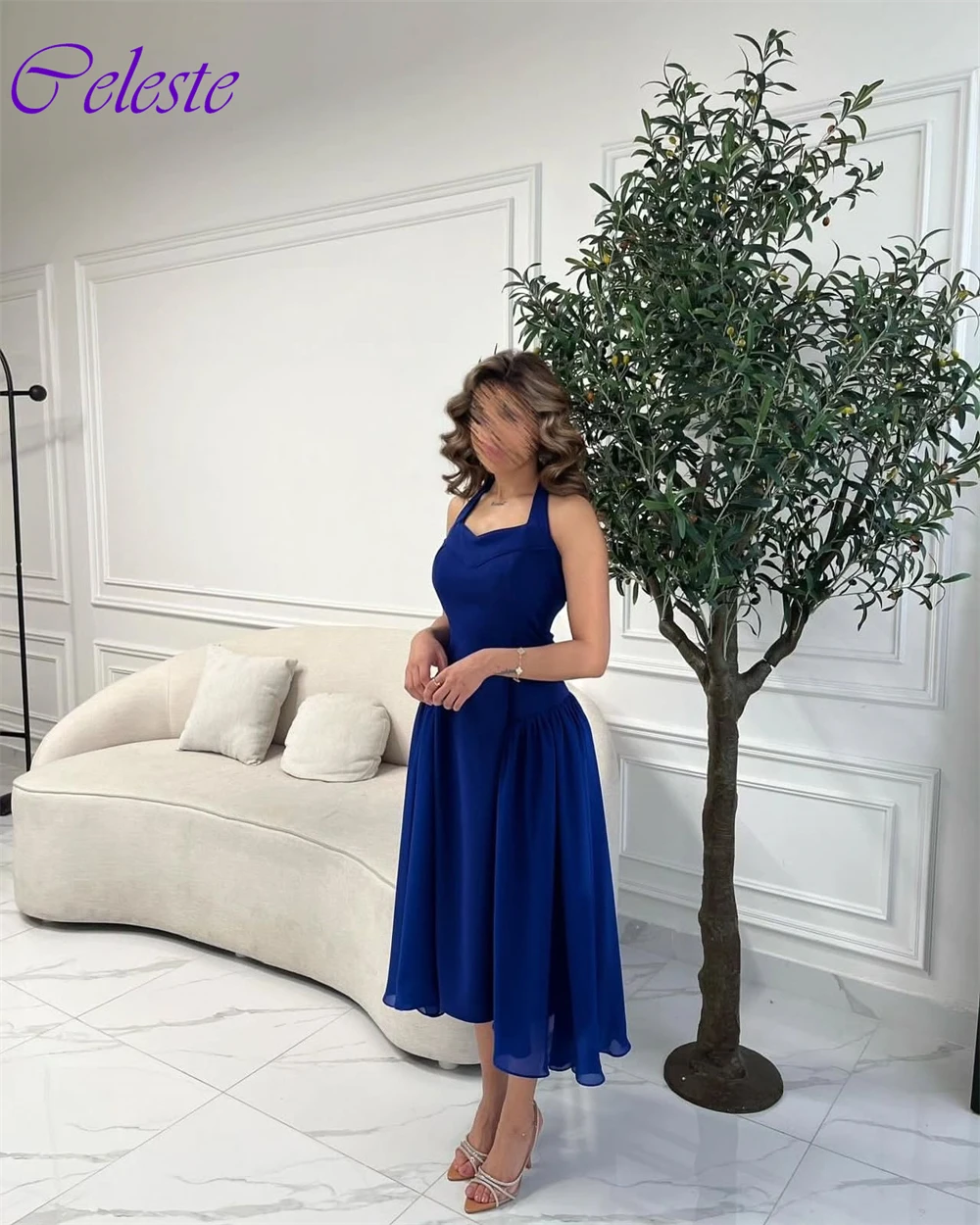 Customized Classic deep Blue Halter Sleeveless Evening Dress Elegant A-line Prom Gowns Simple Chiffon Wedding Party Dresses