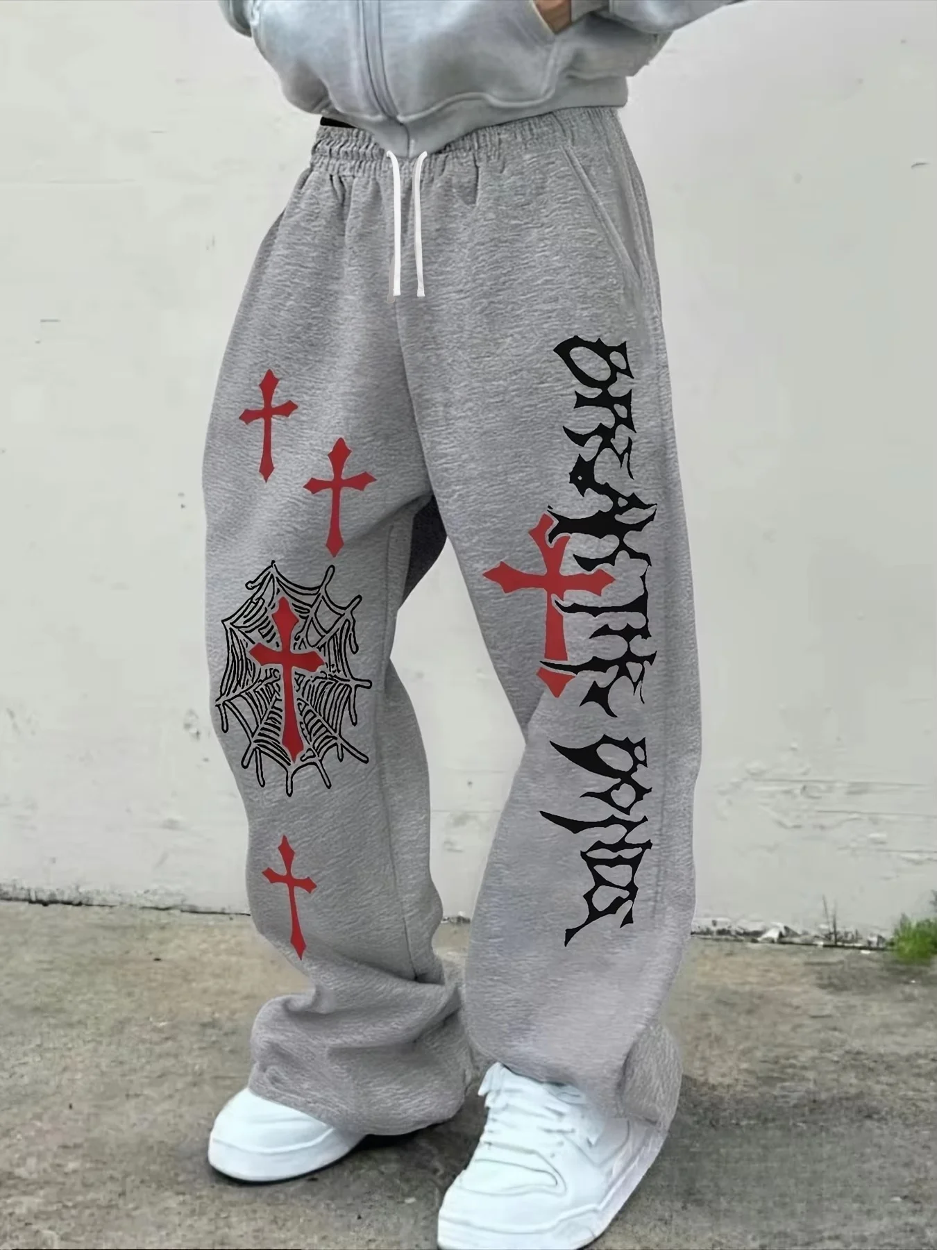 2026 Sommer Gothic Vertikale Grafik Weite Jogginghose mit Kordelzug Lose Gerade Baggy Y2K Dark Punk Streetwear Hosen für Männer und Frauen – Detail 8