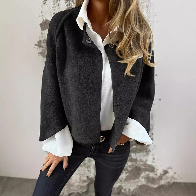 Casual Long Sleeve Solid Color Shorts Cashmere Coats Winter Fashion Loose Outerwears Autumn Women Elegant O-neck Button Jackets