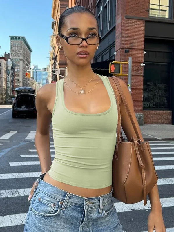Sveless Sleeveless Square Neck Base Vest Top Women's Underwear Short Pure Color Triacetate Fiber Decorative 3D Elements