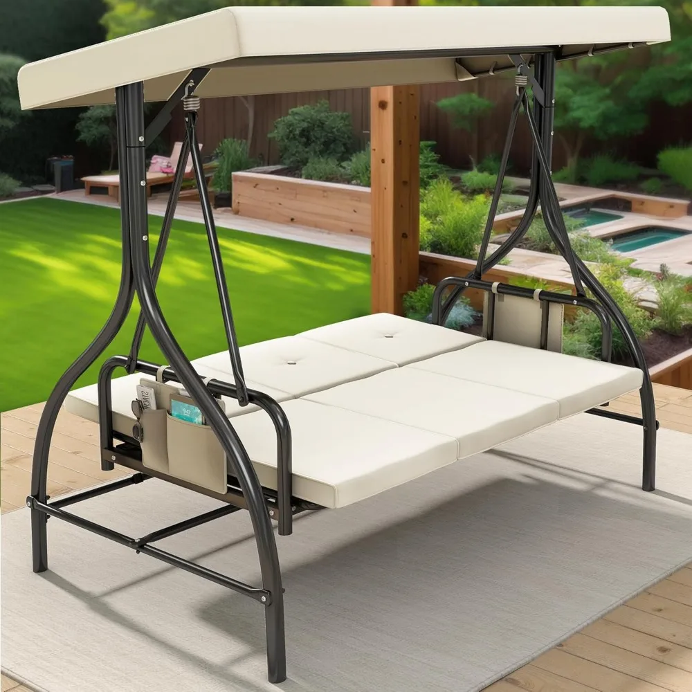 Porch Swing Bed 3-Seats Outdoor Patio Swing Heavy Duty Swing Chair with Adjustable Canopy Removable Cushion