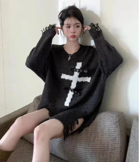 Punk Subculture Harajuku Vintage Loose Mid-length Sweater Women Autumn Winter Fashion Cross Jacquard Ripped Knitted Pullovers