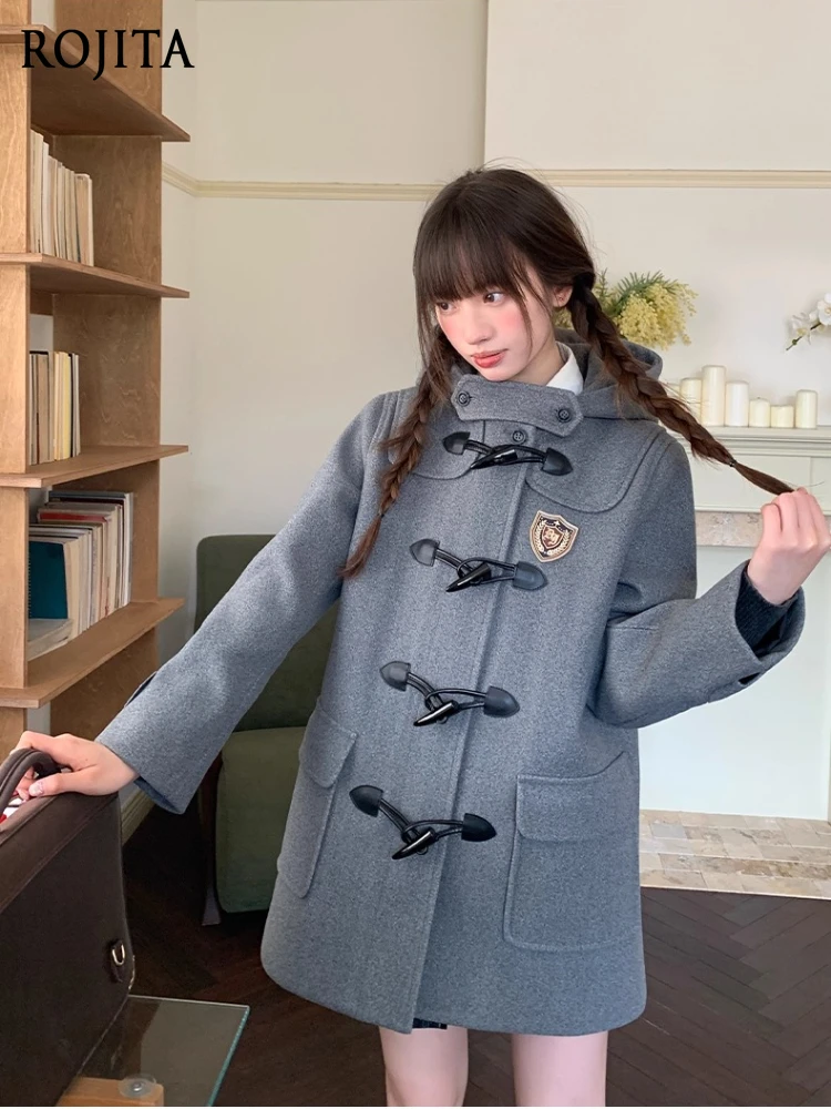 

JK осенне-зимнее пальто с роговыми пуговицами, женское шерстяное пальто с капюшоном в японском стиле, серое пальто средней длины со значком