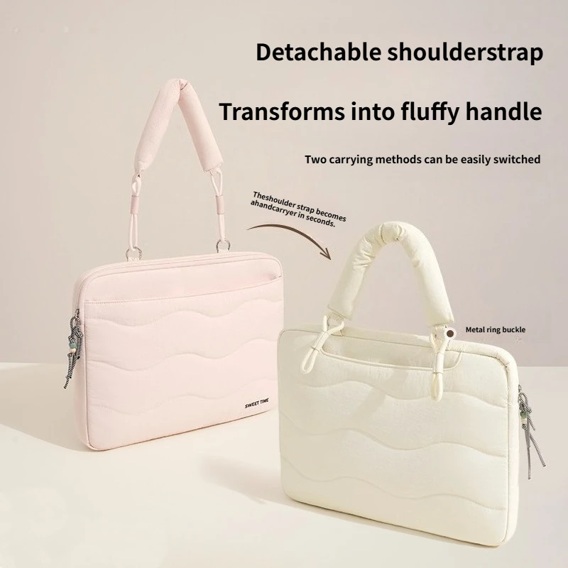 B 2026 New Women Wave Quilted Laptop Bag Detachable Shoulder Strap Shockproof Padded Notebook Sleeve Multi-color for Travel Work