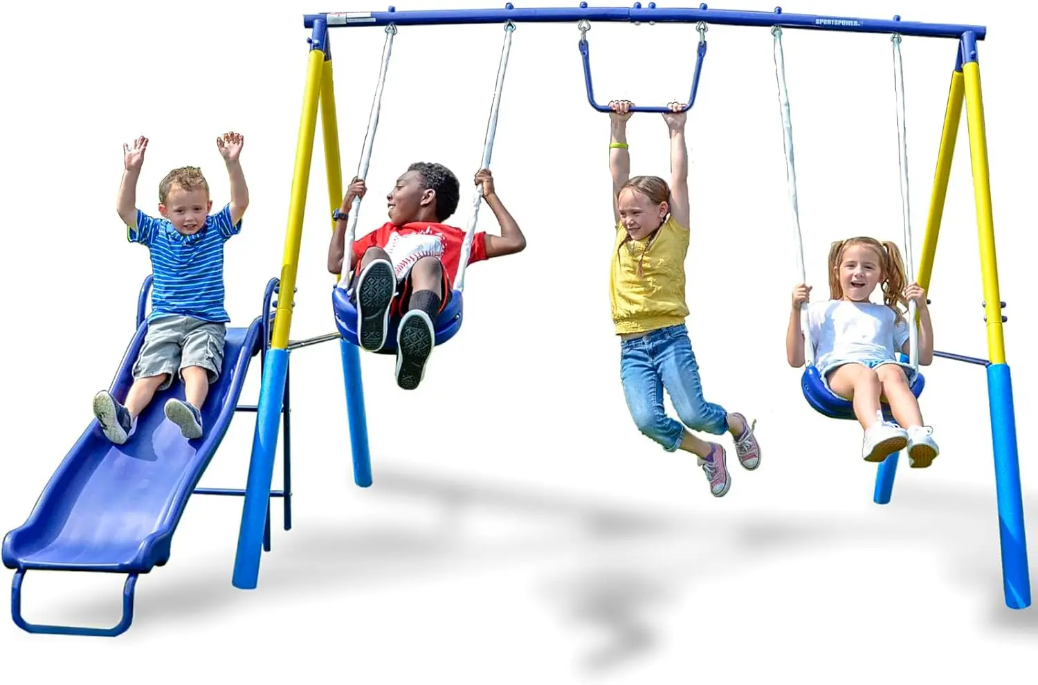 

Детские металлические качели с горкой для 4 детей, регулируемые цепочки, устойчивая к атмосферным воздействиям сталь