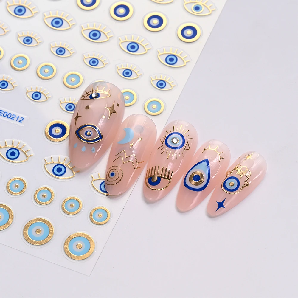 1 hoja de pegatinas 3D para uñas de estrella mal de ojo, pegatinas autoadhesivas para uñas de serpiente y estrella dorada azul, suministros para uñas de diseño francés de Halloween para verano