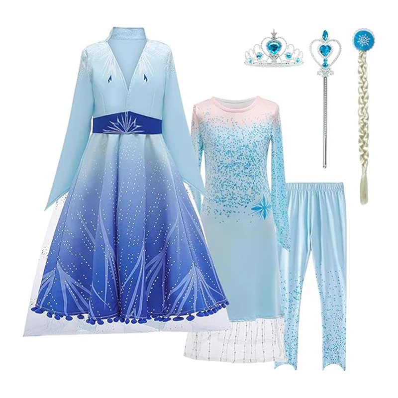 Girls Elsa Princess Cosplay Costume Kids Long Sleeve Cloak+Blue Dress+Leggings+Accessory Snow Queen Halloween Birthday Dress Up