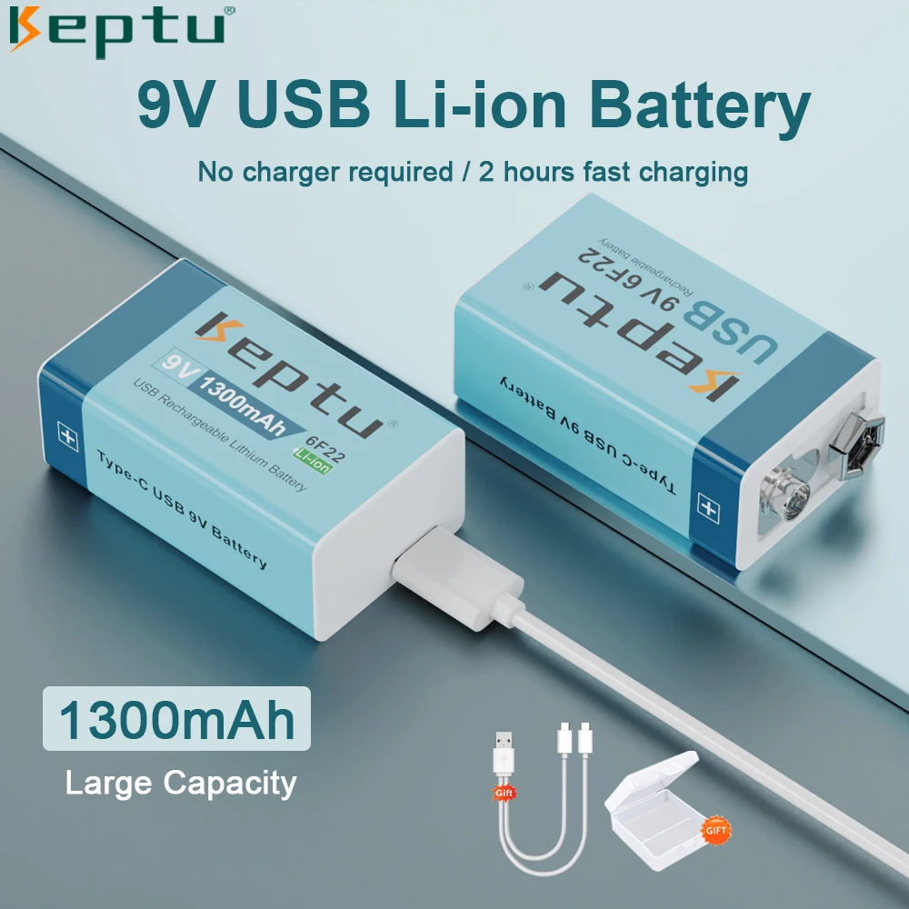 KEPTU 1300mAh 9V rechargeable battery Type-C Charging USB 6F22 batteries for Metal Detector Multimeter