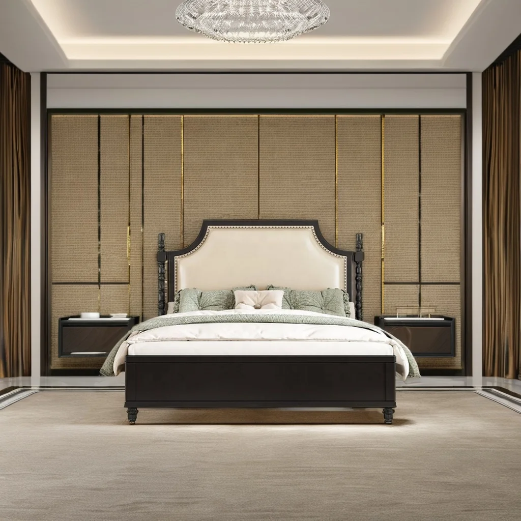 Luxury Solid Wood Bed Modern Simple Double Bed Black Princess Panel Style Bed