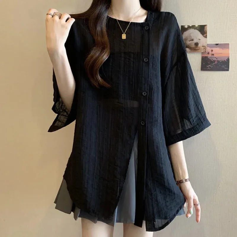 

Sun Protection Clothing with Korean Version 2025 Summer New Slit Shirt Loose Slimming Half-sleeved Top