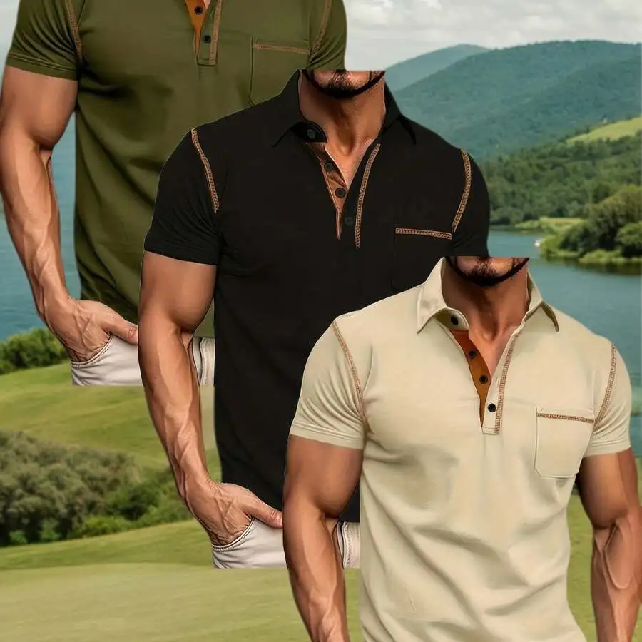 

3pcs Mens Slim Fit Short Sleeve Shirts With Button Placket, Polyester Elastane Blend, Breathable Stretch For Casual Outdoor
