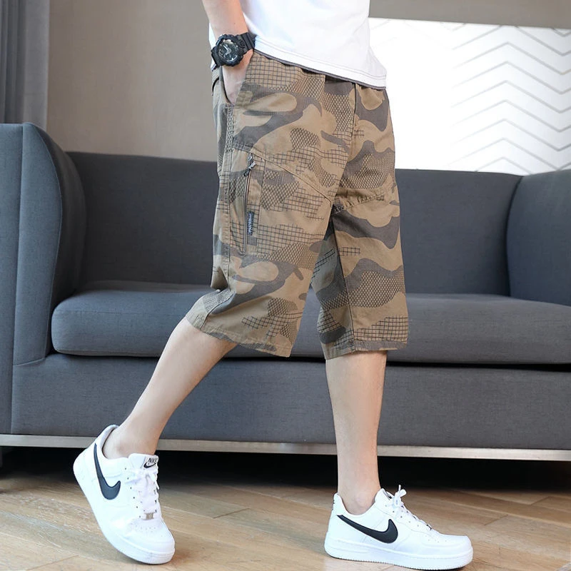 Summer loose camouflage seven quarter pants mid length men's thin casual beach over knee six quarter shorts