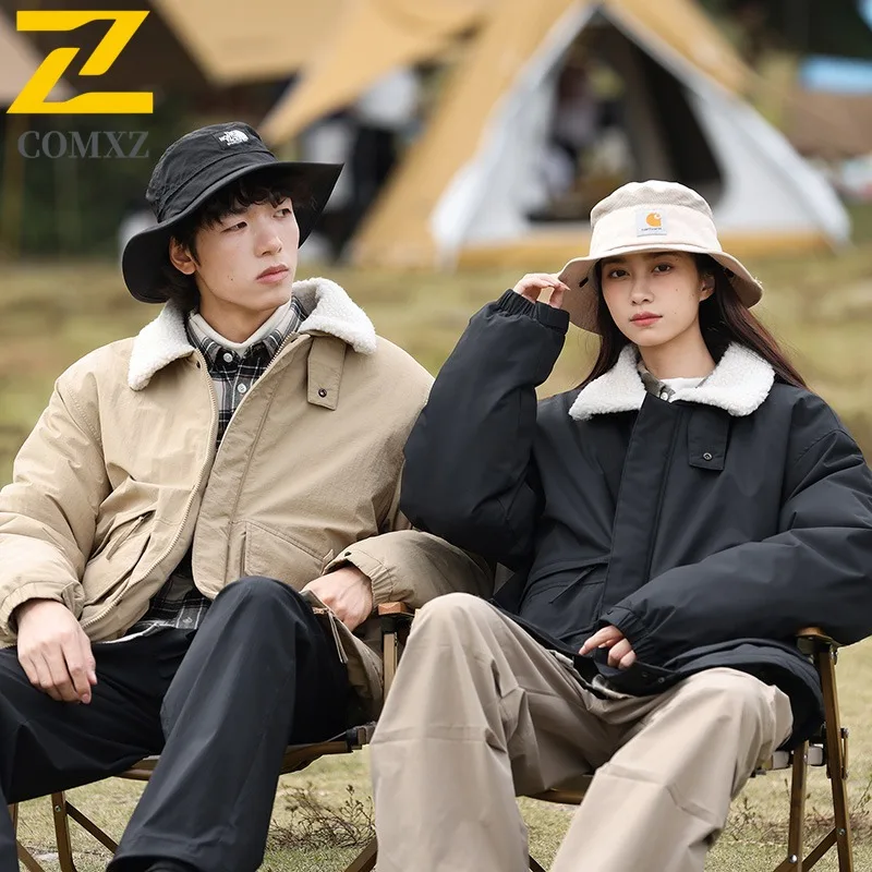 COMXZ 2025 الرجال النساء زوجين بلون الوقوف طوق شيربا اصطف ملابس العمل سترة الشتاء غير رسمية العصرية معطف خفيف الوزن #4