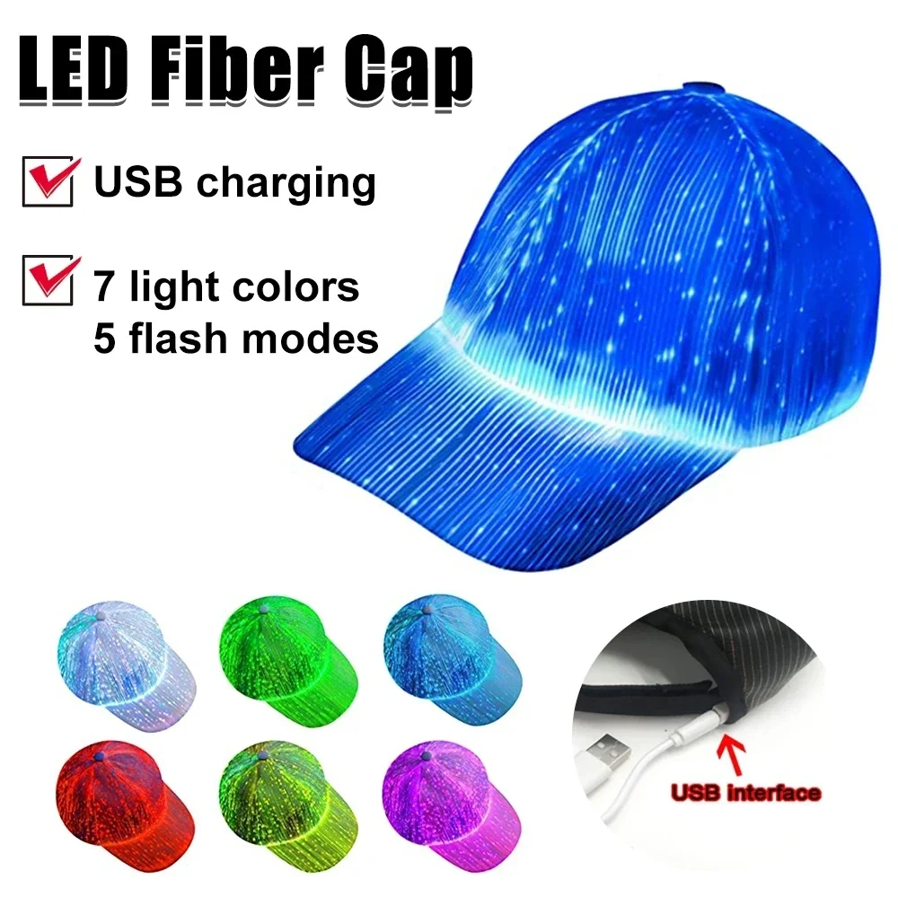 

Fiber Optic Cap LED Hat with 7 Colors Luminous Glowing EDC Baseball Hats USB Charging Light Up Caps Performance Led Cap