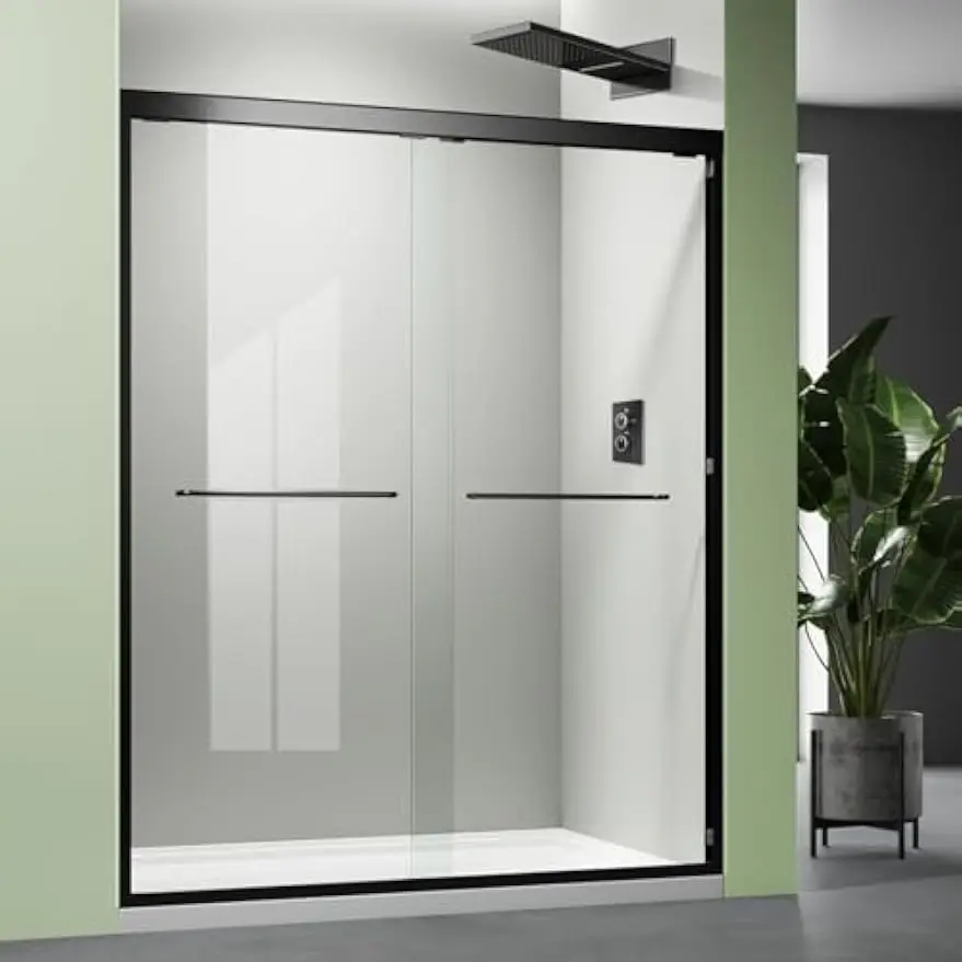 Walk In Sliding Bathroom Door Tempered Glass Semi Frameless Black Reversible Silent Glide